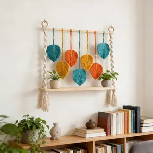 Macrame Wall Hanging Bohemian Style, Handwoven Colorful Leaf Wood Board Shelf, Decorative Wall Art, No Greenery Included