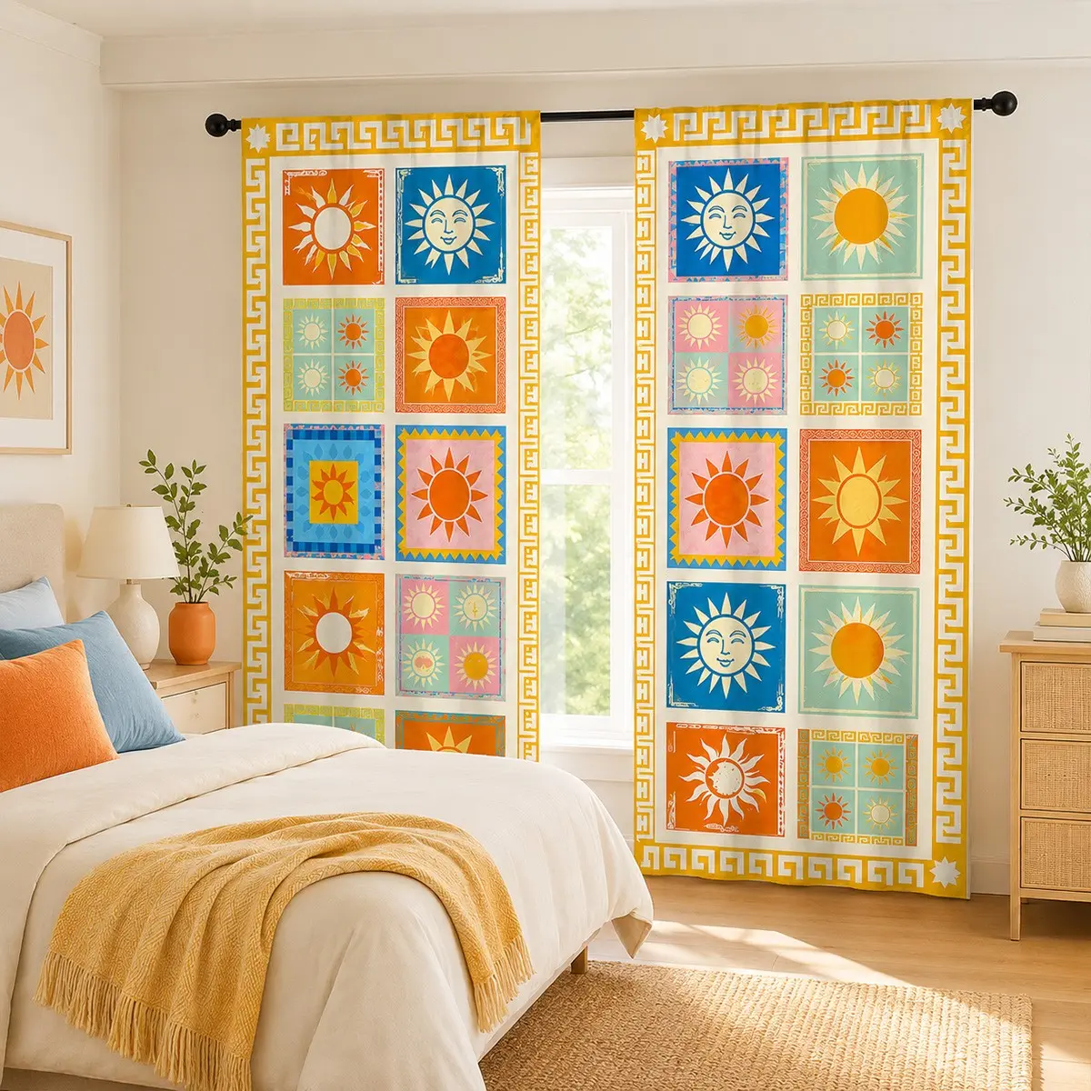 2pcs Colorful checkered sun and smiley face semi-blackout curtains, fresh and retro mosaic fabric curtains, pocket rod installation, made of polyester, suitable for bedrooms, kitchens, studies, etc.