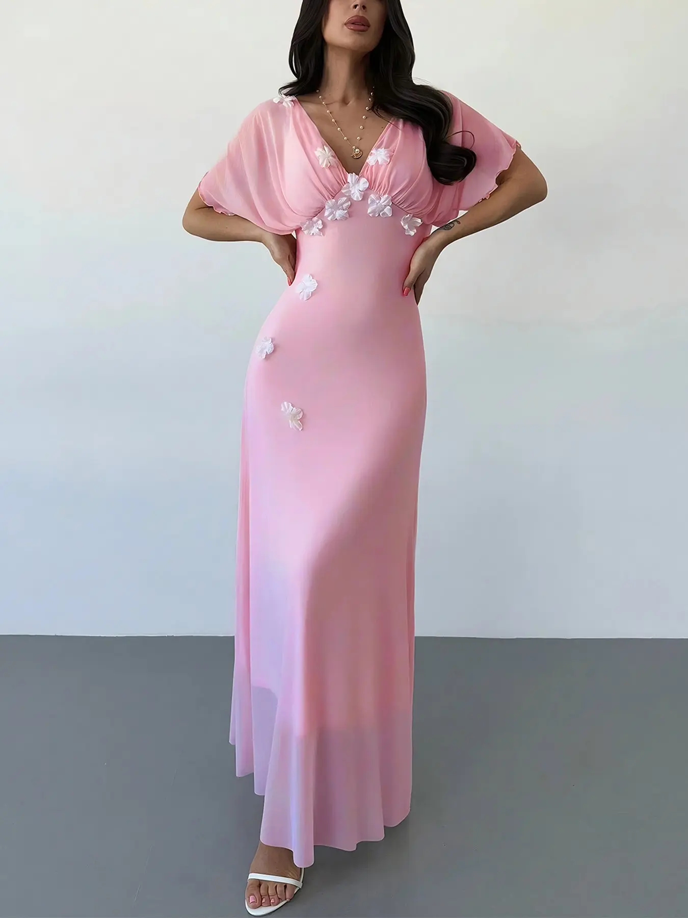 This Flower Maxi Dress is Effortless Romantic Date Night Chic Casual Fit Dress V-Neck Flutter Sleeve Bodycon Dress