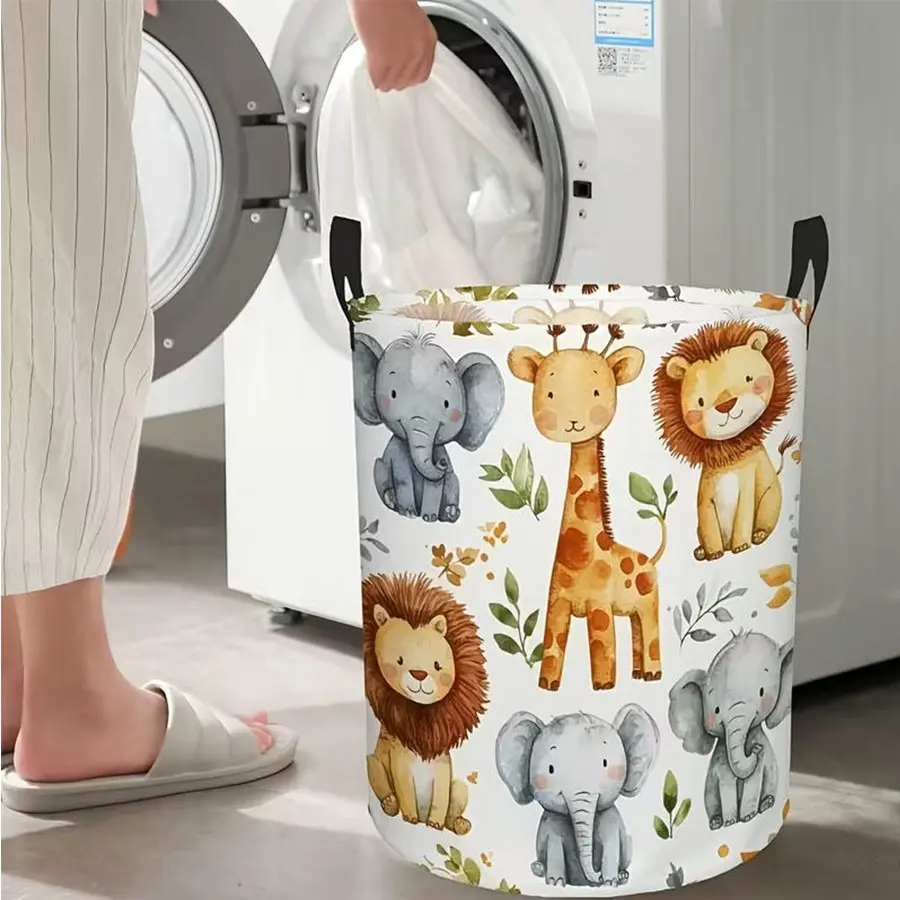 1pc Cute Safari Animals Printed Laundry Basket with Handle - Foldable, Wear-Resistant, Easy to Clean, Ideal for Bedroom, Bathroom, Dormitory, Cloakroom, Car - Storage, Home Organizer, Home Decoration, Gift Idea, Laundry Baskets