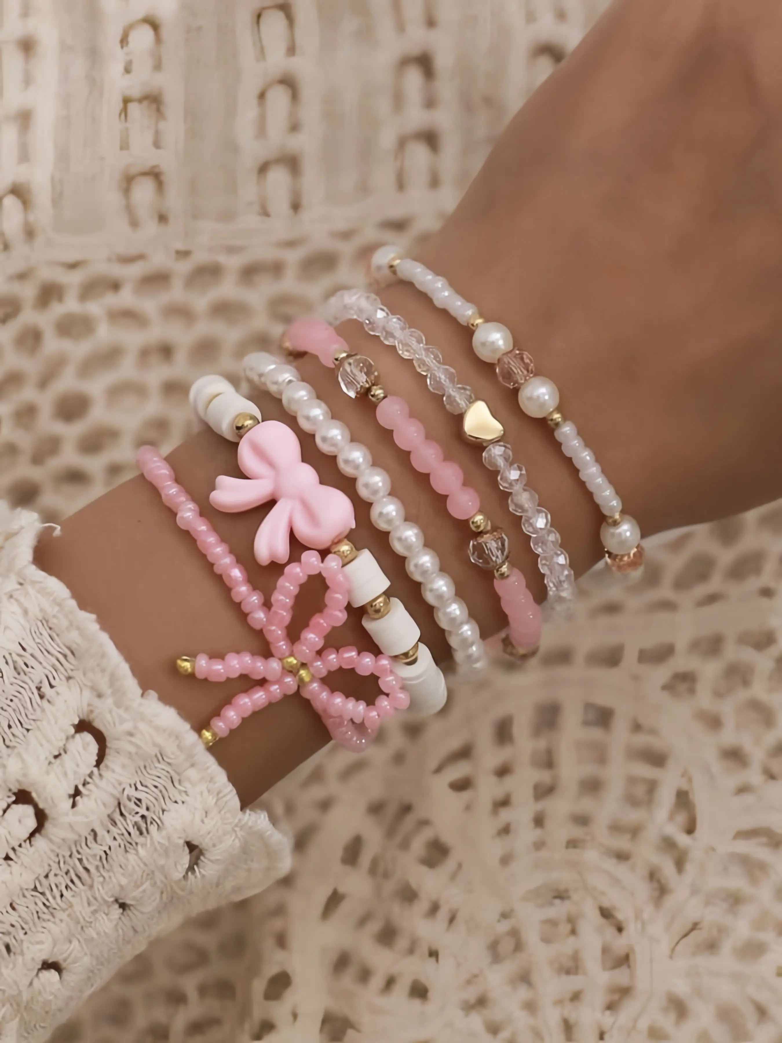 6 Piece Bow Beaded Stackable Bracelet Set, Sweet Cute Pearl Crystal Jewelry, Perfect for Girls, Birthday, Valentine's Day, Christmas Gifts