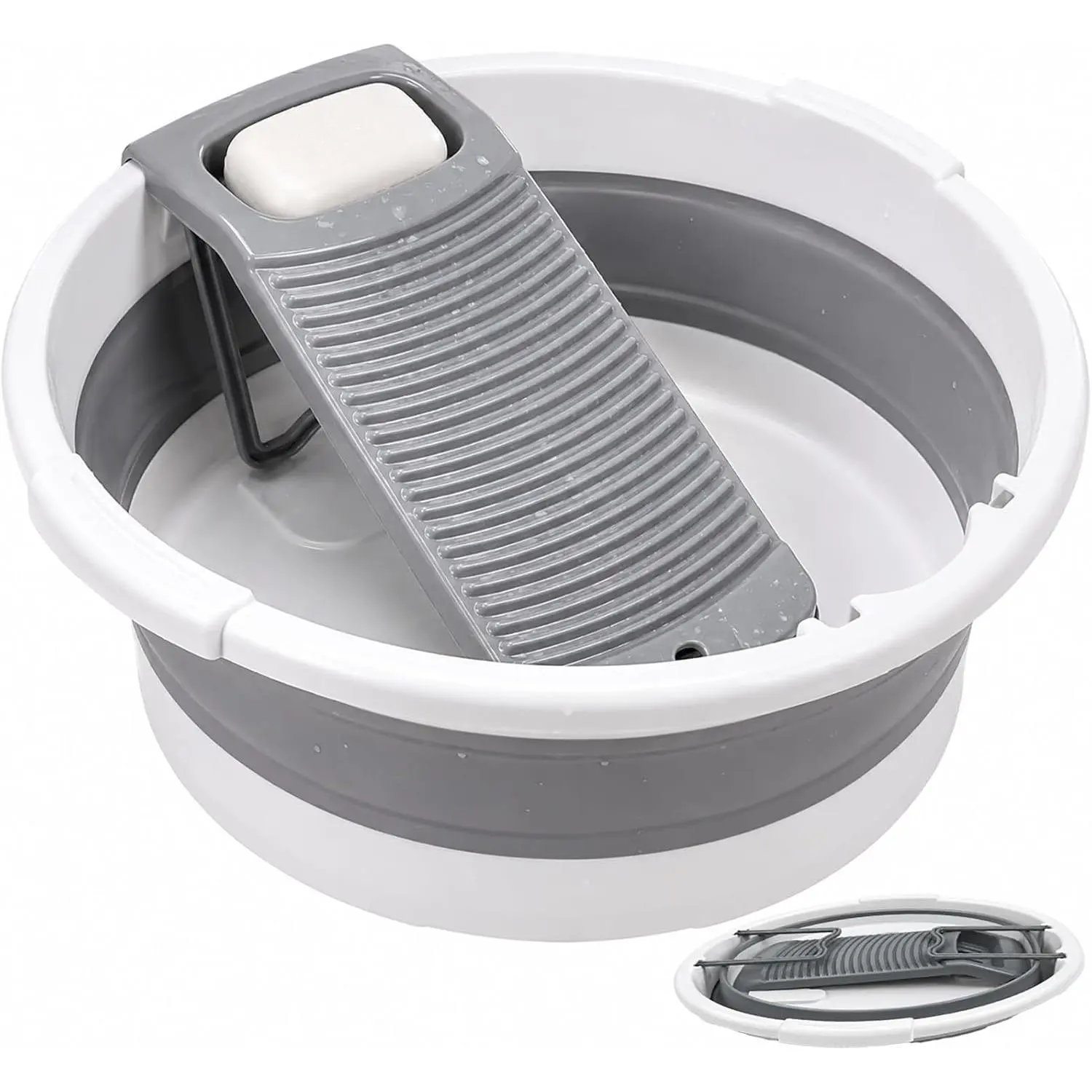 8 Gallon Collapsible Laundry Tub with Detachable Washboard, Dual Drain Design, Foldable Utility Wash Basin for Hand Washing Clothes, Ideal for Apartment, RV, Camping, Travel & Small Spaces