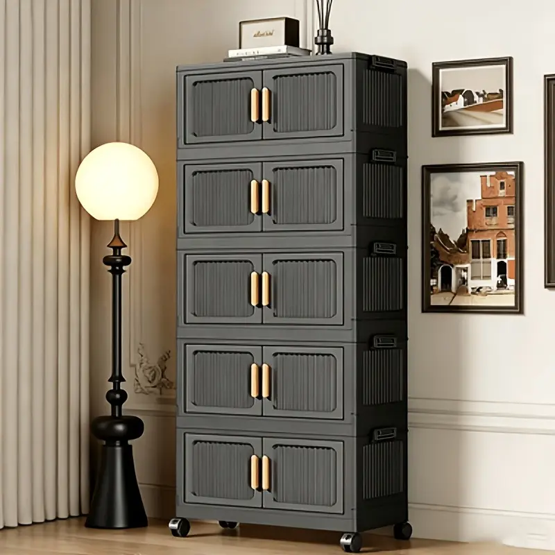 No-installation folding storage cabinet, plastic multi-layer cabinet with wheels, suitable for home use, bedroom, bedside table, rental housing, and miscellaneous item organization