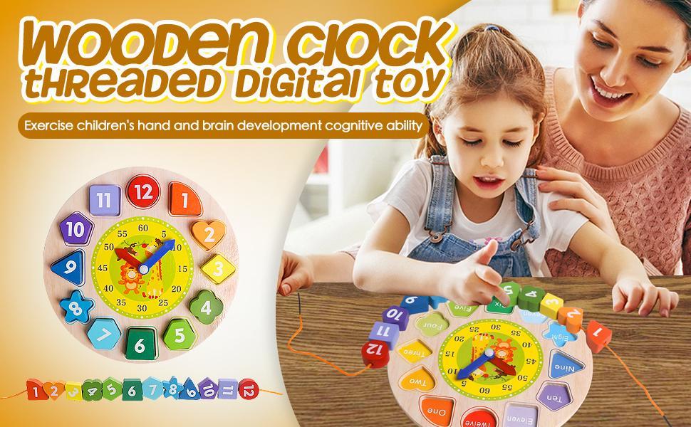 Montessori Wooden Sorting Clock Toy for Toddlers Educational Time Number Shape Animal Puzzle Learning Gift
