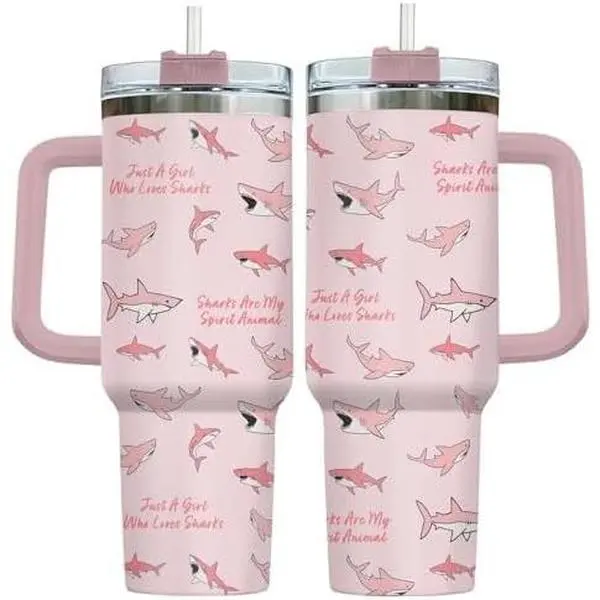 Shark Tumbler 40oz Stainless Steel Insulated Travel Mug with Handle and Straw Birthday Gift Just A Girl Who Loves Sharks Cute Pink Ocean Cup for Women