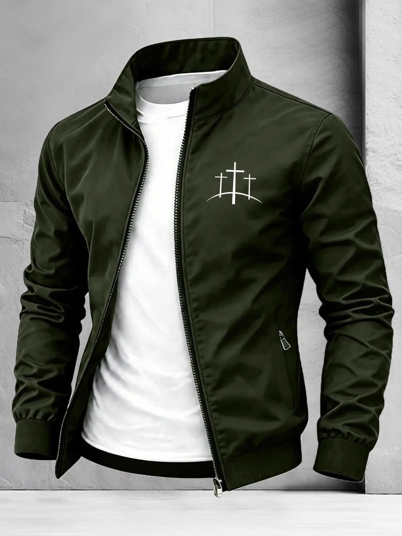 Men's Stand Collar Full Zip Long Sleeve Jacket, Simple Cross Print Lightweight Outerwear, Fitted Casual Street Style for Spring & Fall
