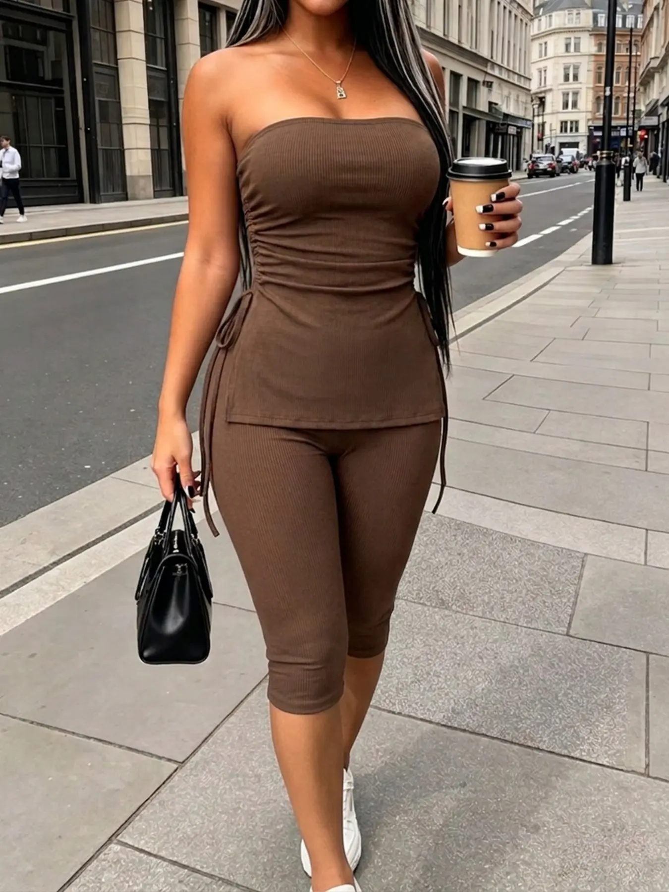 Lw-Sherowear Women Ribbed Knit Strapless Tube Top & Capri Leggings 2 Piece Matching Set, Side Drawstring Adjustable Ruched Slim Bodycon Loungewear Outfit, Solid Color Casual Street Tracksuit for Daily Vacation