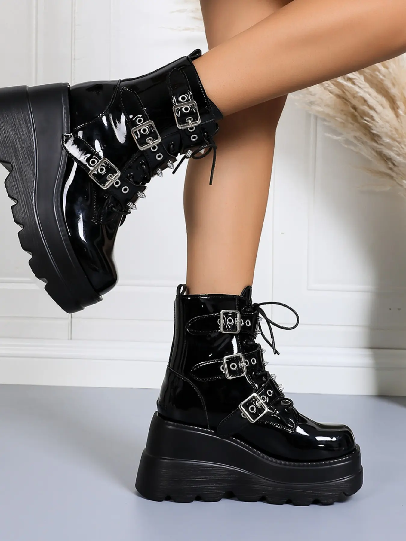 Sweet Punk Thick Sole Buckle Short Boots, Y2K Gothic Metal Buckle Boots, Bright PU Leather Ankle Boots for Fall & Winter