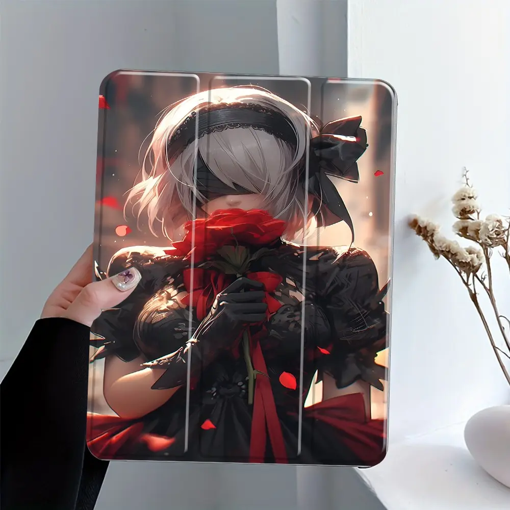 Dark Gothic Lolita with Red Rose Tri-Fold Stand iPad Case, Transparent Acrylic Hard Back, Pencil and Charger Slots, Fits iPad 7.9/8.3/10.2/10.5/10.9/11/12.9, Mini Pro Air, Slim Shockproof Cover, Perfect Gift for Dark & Anime Fans