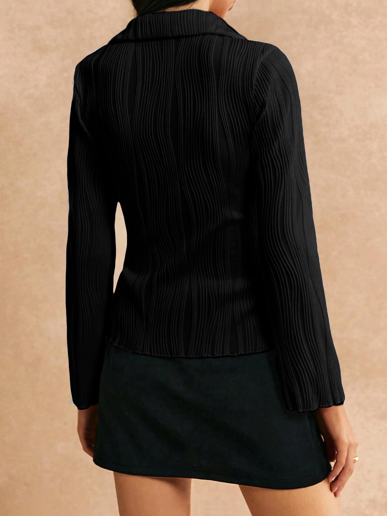 Women's Textured Long Sleeve Button Front Shirt, Casual Fashion Shirt, Casual Solid Color Collared Top for Spring & Fall, Women's Clothes for Daily Wear