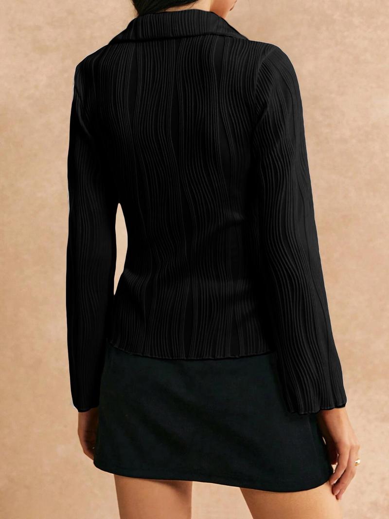 Women's Textured Long Sleeve Button Front Shirt, Casual Fashion Shirt, Casual Solid Color Collared Top for Spring & Fall, Women's Clothes for Daily Wear