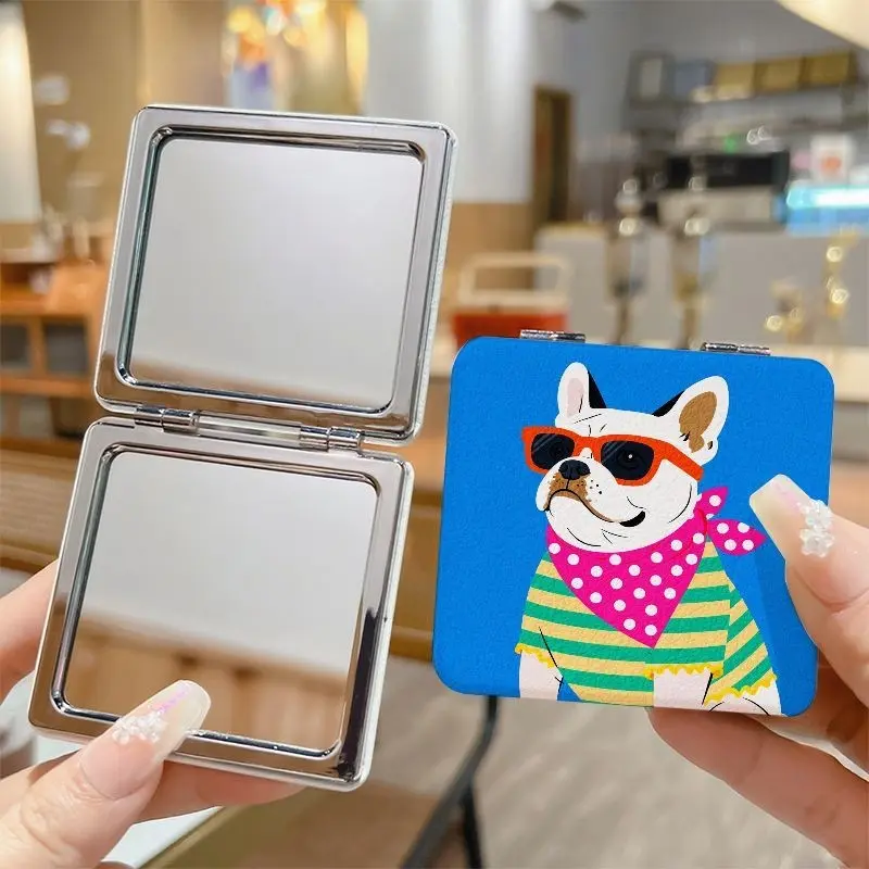 Cute French Bulldog Print Compact Mirror, Double Sided Foldable Pocket Makeup Mirror, Cool Sunglasses Dog Pattern Portable Travel Cosmetic Mirror, Gift for Dog Lovers Women Girls