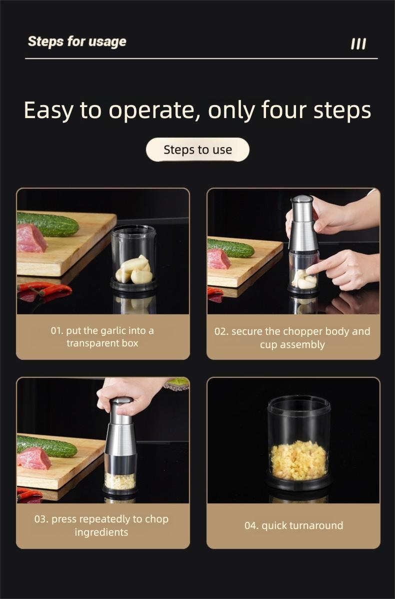 One-Push Garlic Chopper - Multi-function Kitchen Tool for Mincing Garlic, Ginger, Nuts - Thick 304 Stainless Steel, No Slip Grip