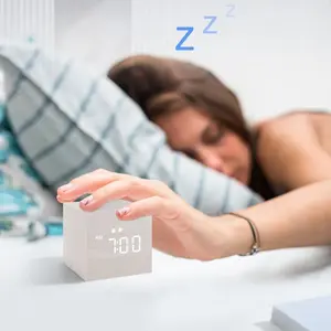 1Pc Stylish Cubic Wooden Digital Alarm Clock, 2.5 Inch LED display with 3 alarm settings. Compact mini wood clock, sleek decorative desk accessory for bedside, bedroom and office.