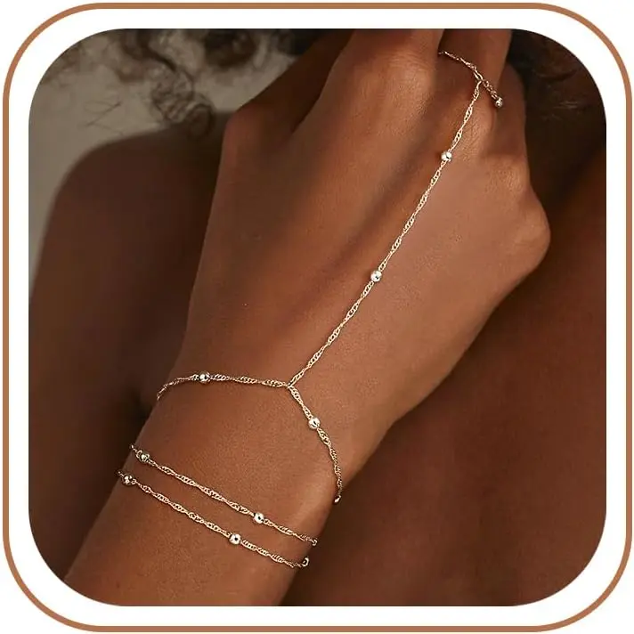 Silver Hand Chain Bracelets for Women Set - Dainty Silver Plated Finger Ring Bracelet Stack Adjustable Hand Chains Durable Beaded Bracelets Trendy Simple Jewelry Gift for Women