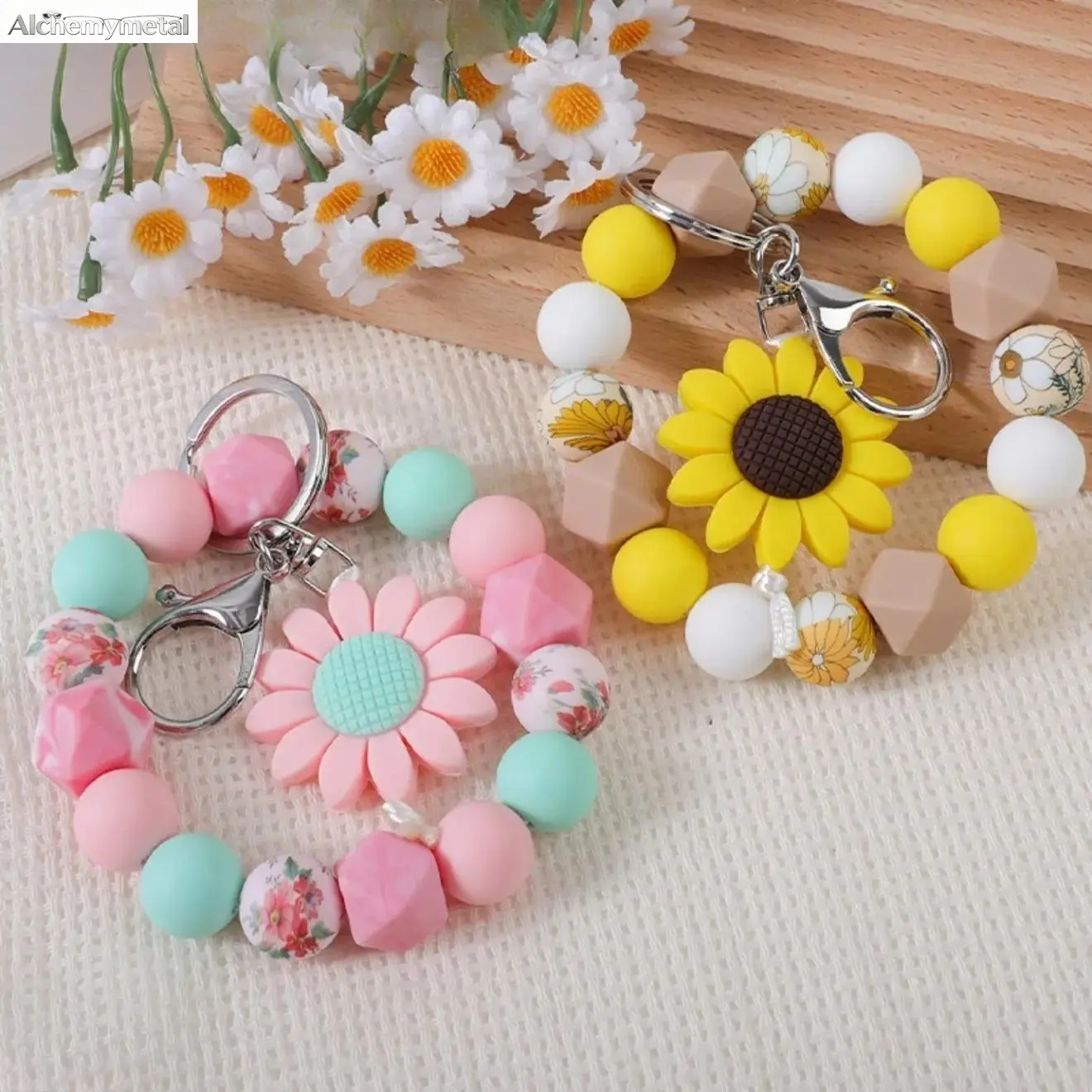 Unisex 1-Piece Pastel Nature Round Beaded Keychain - Soft Silicone Bead Sport Wristband Wristlet with Tassels, Cute Look Spring & Summer Fashion Accessory