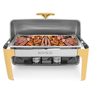 ROVSUN 1 Pack Roll Top Chafing Dish Buffet Set Gold Accent,NSF 9 Quart Rectangular Stainless Steel Chafer, Buffet Servers and Warmers Set Warming Tray for Wedding, Parties, Banquet, Catering Events