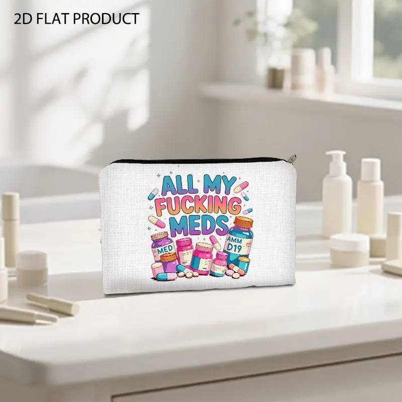 Playful Cartoon "ALL MY FUCKING MEDS" Print Double Sided Makeup Bag, 5.9*8.66inch Portable Storage Pouch with Vibrant Pill & Sparkle Pattern, Perfect for Storing Cosmetics, Small Daily Essentials and Pills During Travel & Daily Outings