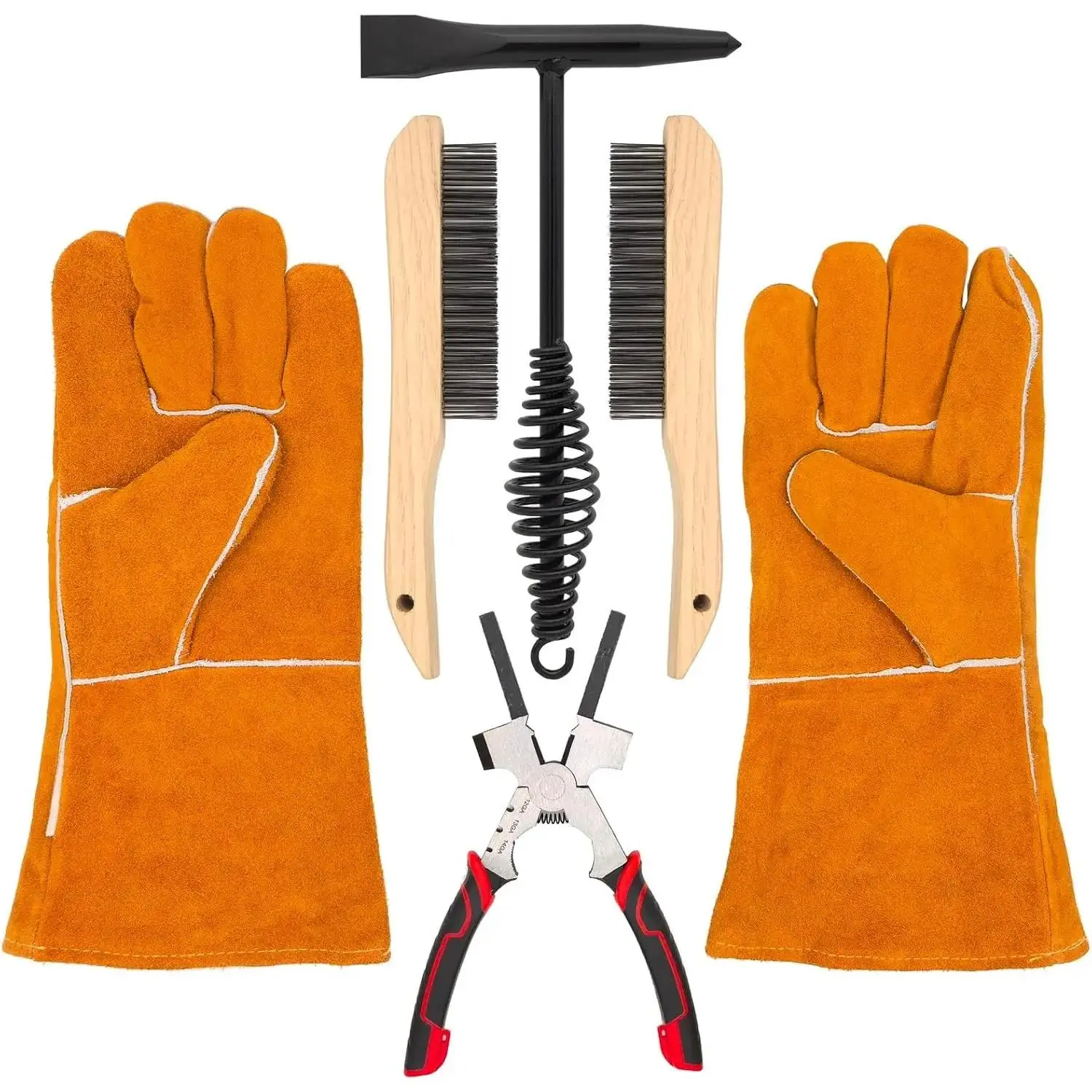 Welding Accessories,5pc,Chipping Hammer 10.5", Leather Welding Gloves 13.5",6-in-1 Welpers Pliers 8",Wire Brush 10"