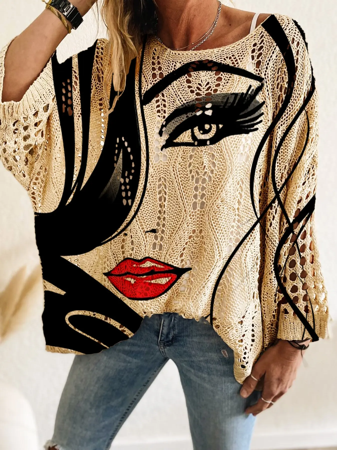 Elegant Long Sleeve Knit Top for Women, Knitted, Round Neck Batwing Shoulder, Geometric Hollow Out Design, Perfect for Spring & Fall
