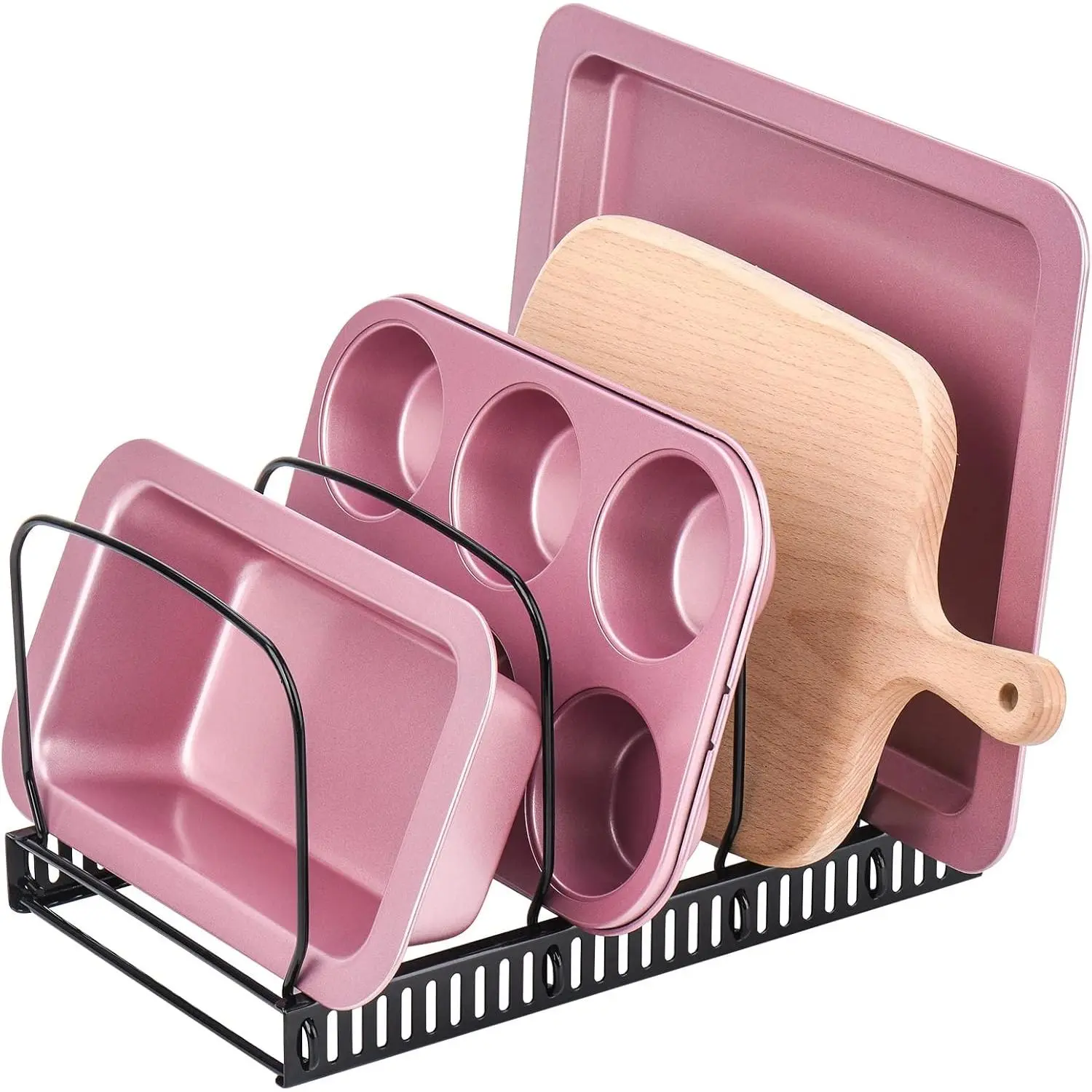 Multi-Use Slots Compact Bakeware Organizer Rack - Organizes Kitchen Cookware, Dinnerware, Cutting Boards, Plates, Pot & Pan Lids (Black), Compact Rack
