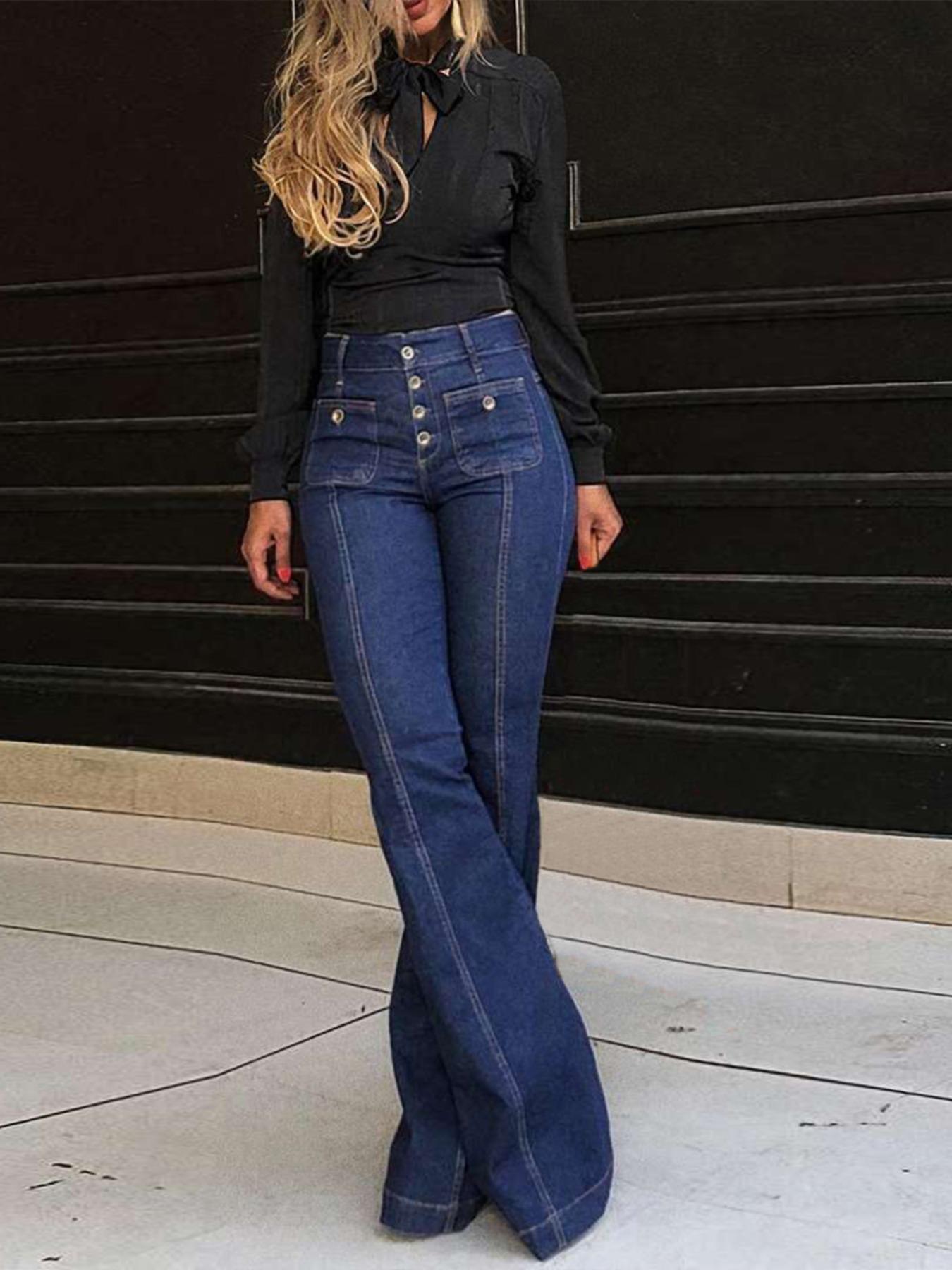 Women's Plain Flare Leg Jeans with Button & Pockets , Casual Bell Bottom Trousers for Daily Wear, Ladies Bottoms for All Seasons