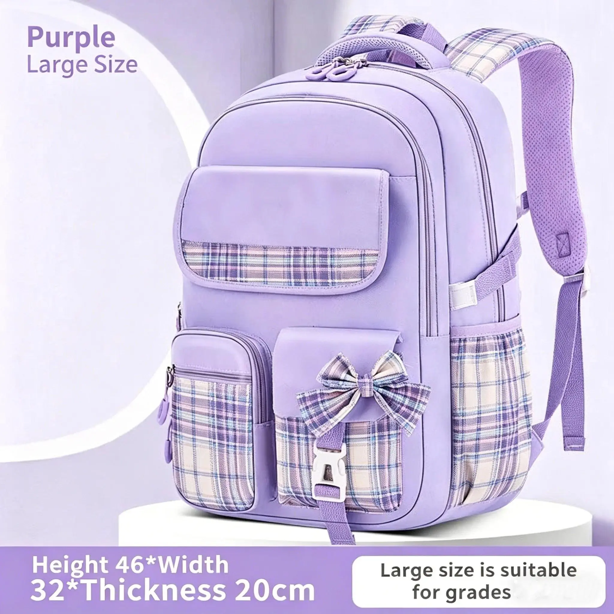 New Spine Protection Primary School Students Girls Checkered Backpack with Large Capacity Lightweight Waterproof Children's Bag