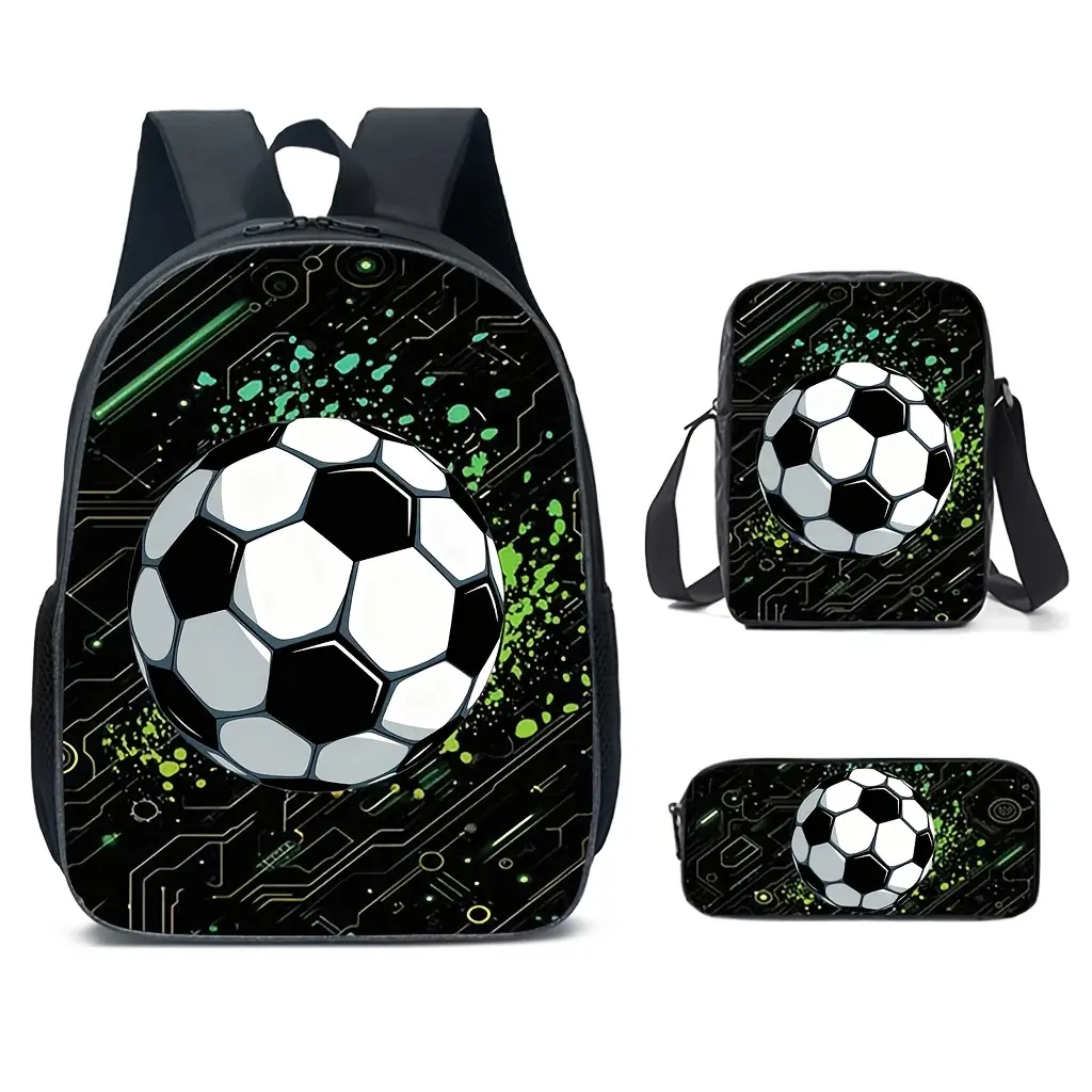 Kids' 3-Pieces Bag Design Backpack Set - Polyester Lightweight Fire & Ice Football Print, Blue Water Flame Pattern, Matching Lunch Bag & Pencil Case, Sports Travel Book Sack, Back to School Gift