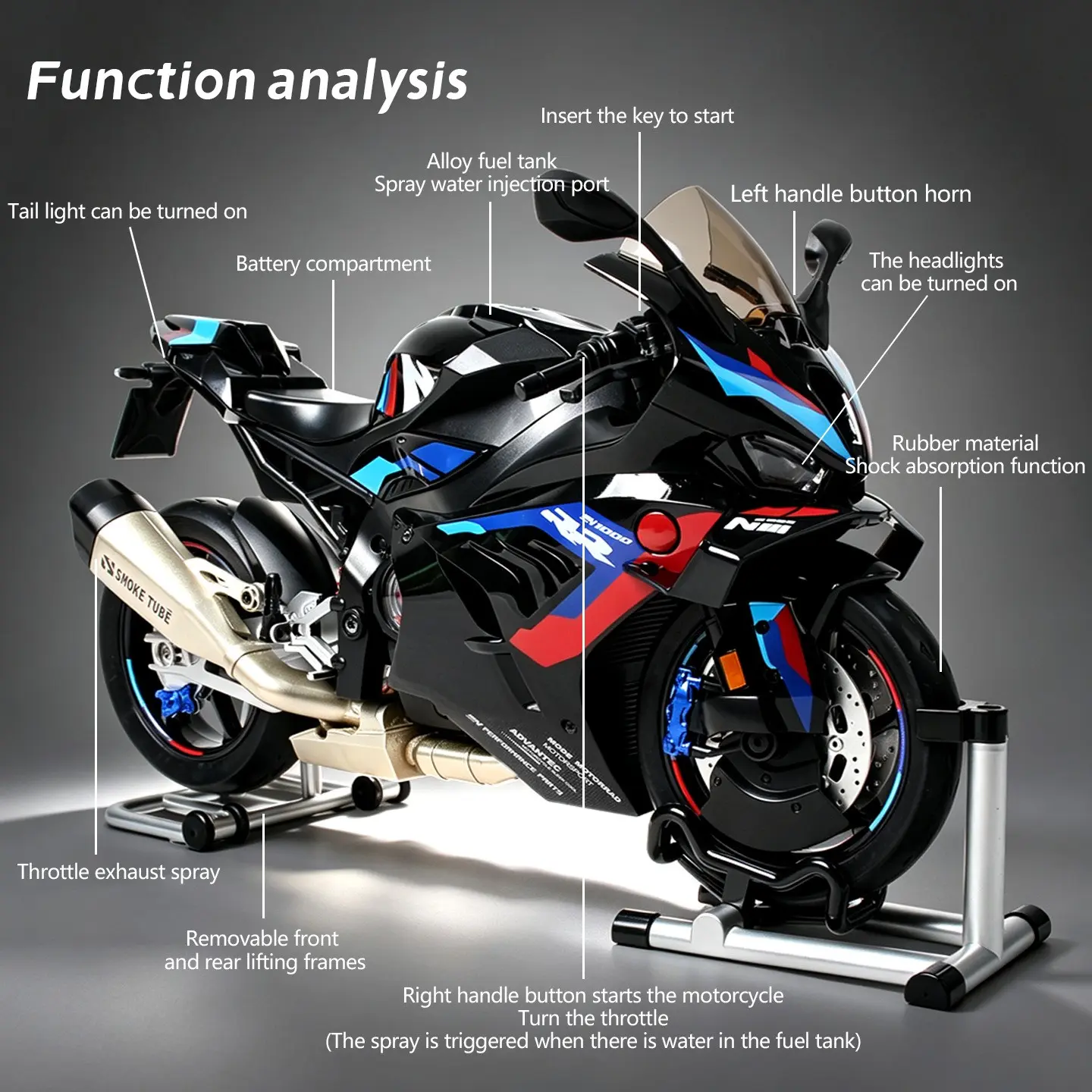 1:9 Large Scale Alloy Motorcycle Model, Ignitable with Exhaust Spray, LED Headlights, Engine Sound, Collectible Gift for Teens and Adults