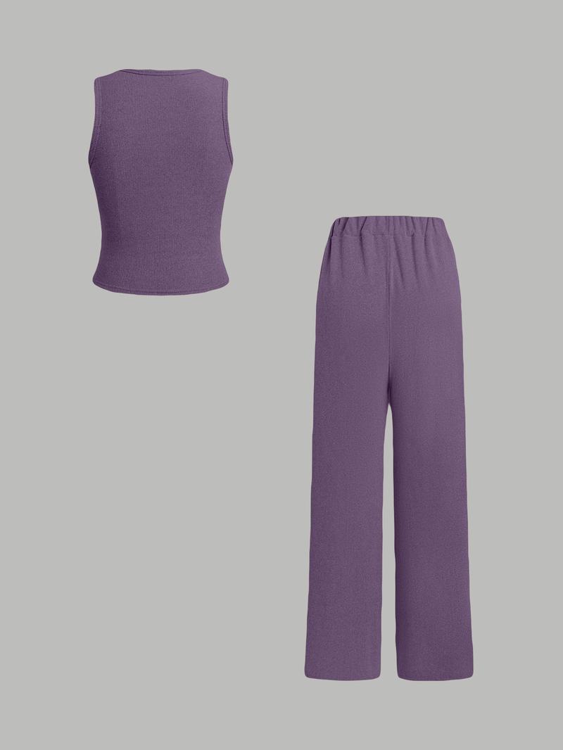 Women's Solid Ribbed Button Tank Top & Straight Leg Pants Two-piece Set, Casual Sleeveless Top & Trousers for Daily Wear, Ladies Two-piece Outfits for All Seasons, Clothes,Airport Outfit