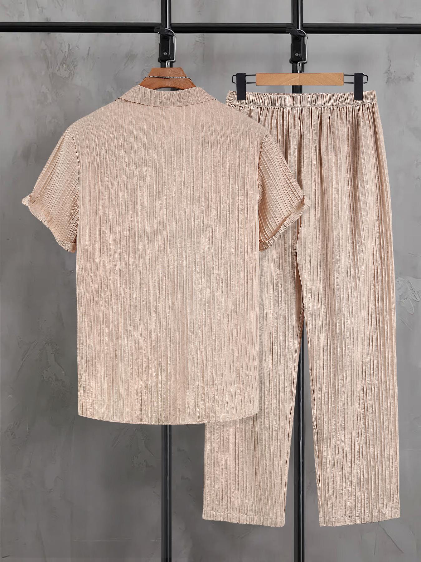 Men's Plain Textured Loungewear Set, National Day Offers, Casual Button Front Shirt & Elastic Waist Pants without Tee & Necklace, Men's Sleepwear for All Seasons