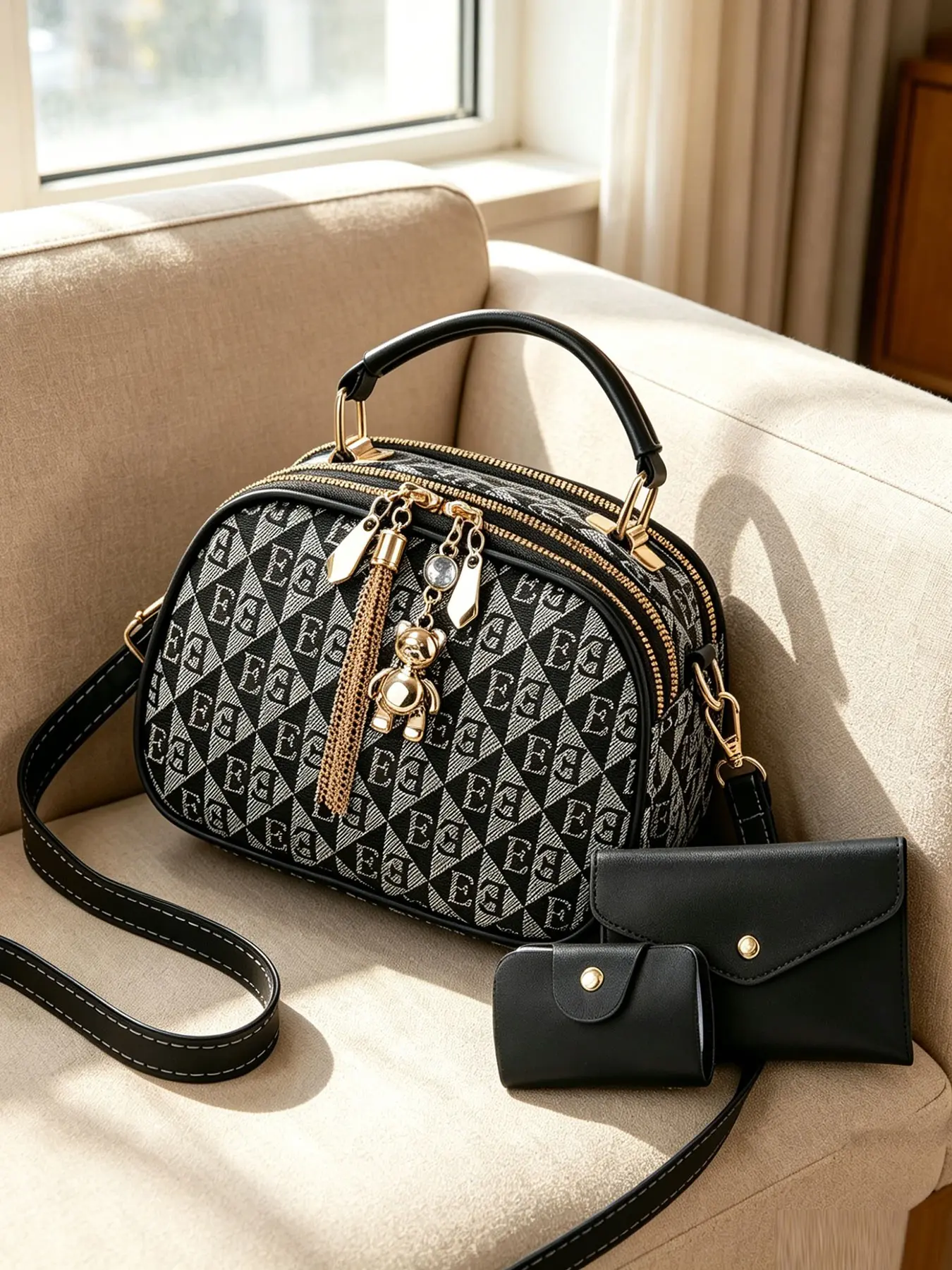 Women's Three-Piece Letter Jacquard Handbag Set, and Crossbody Shoulder Bag with Bear Pendant and Fringe Crossbody Handbag Sets Fashionable Bag Set