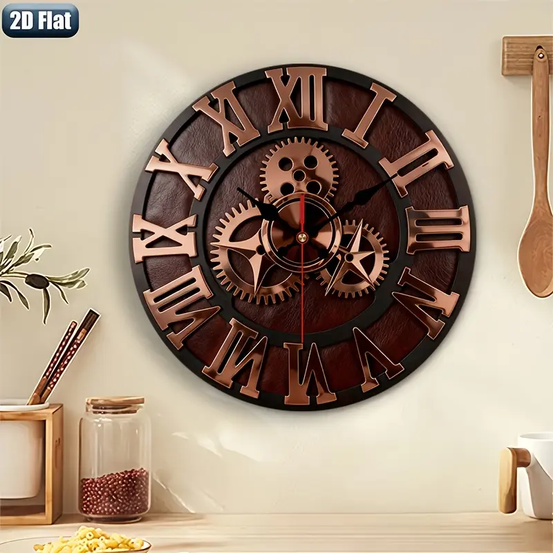 2D flat design. 1 piece set. Steampunk gear clock, silent decorative clock, creative clock, suitable for bedroom, living room, and office decoration, 25/30cm (excluding AA batteries), 2D flat version