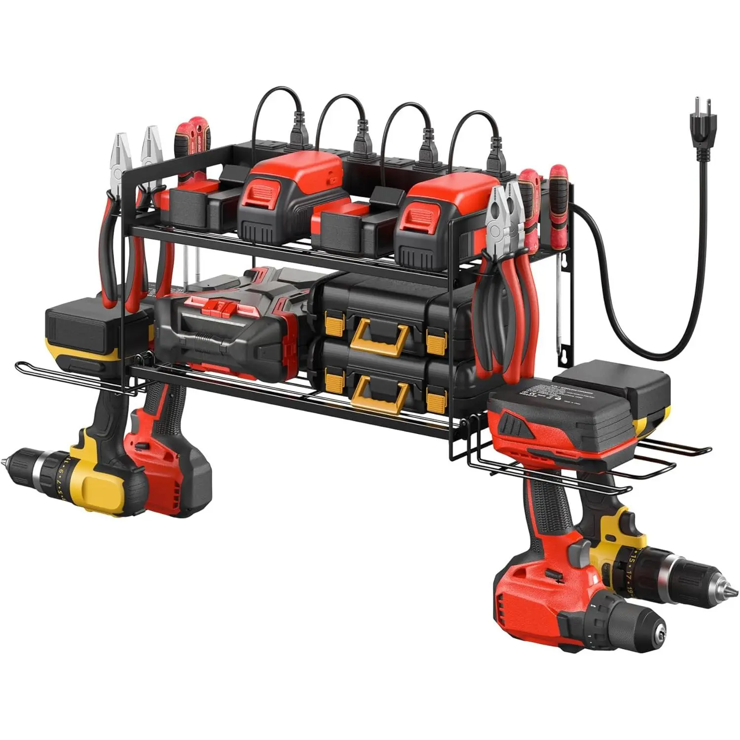 Garage Tools Storage with Charging Station.Power Tool Battery Organizer Utility Shelf with Power Strip.4 Drills Holder Wall Mount Rack, Black.