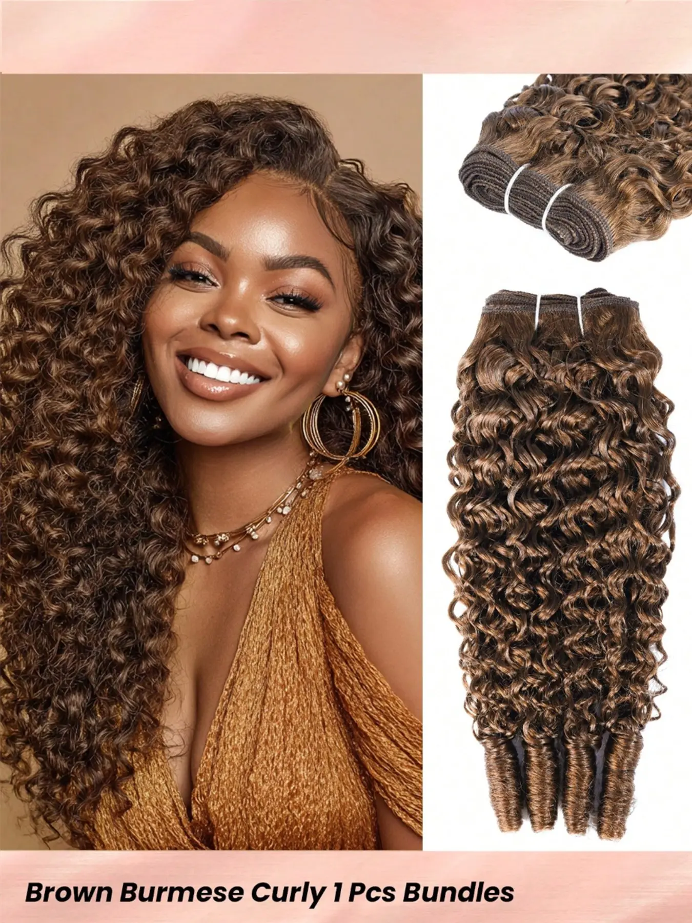Chocolate Myanmar Curly Hair Bundles, Unprocessed Human Hair Extensions, Double Layer Weaving, 1 Piece, Natural Look