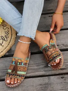Summer Beach Flat Sandals, Tribal Print Canvas Slides for Vacation Outfits