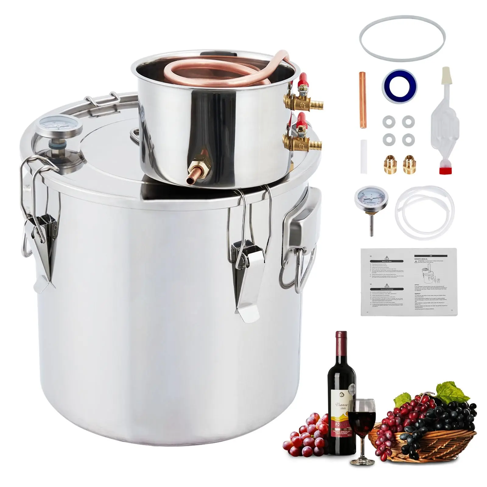 Alcohol Still 3 Gal/12L, Alcohol Water Distiller Thickened Stainless Steel Spirits Kit w/Copper Tube & Display Thermometer, Home Brew Wine Making Kit for Diy Whiskey, Wine, Brandy, Essential Oil