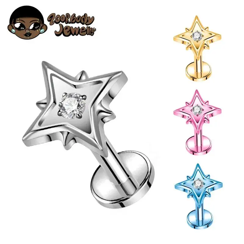 F136 Titanium CZ Four-Pointed Star Flat Back Cartilage Stud Earring Internally Threaded Lab Helix Tragus Lip Ring