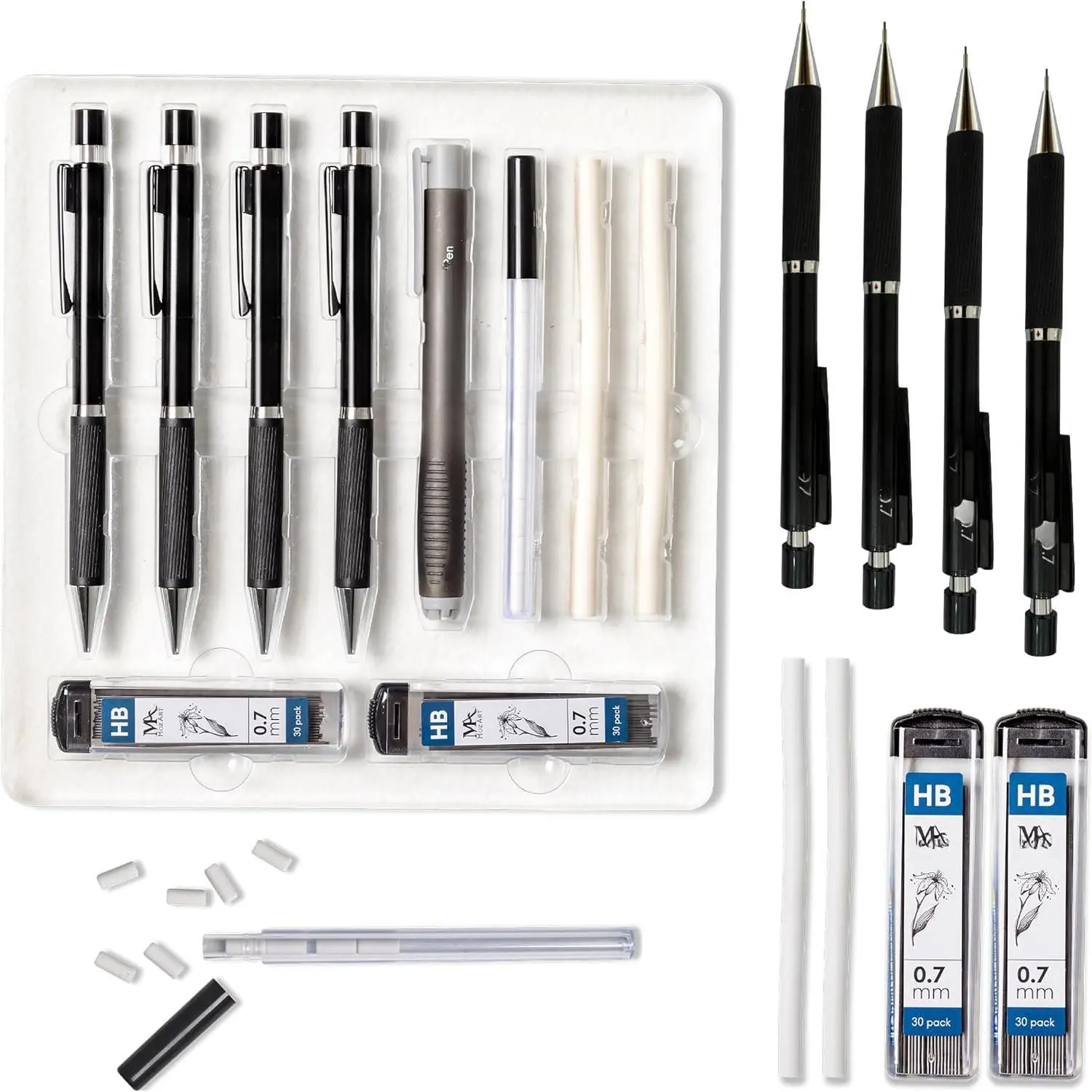 Mechanical Pencil 0.7mm Set 2x30 HB Lead & Eraser Pen Refills | Metal Mechanical Pencil with Lead & Eraser Refills – Sketch, Architecture, Drafting & Art for Students, Artists & Beginners