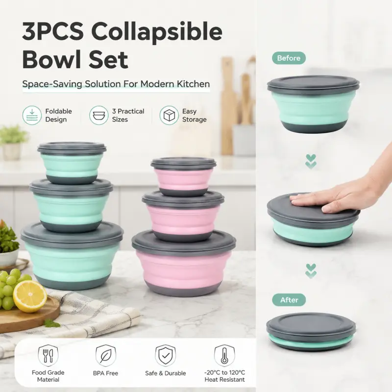3 Pack BPA-Free Collapsible Silicone Food Storage Bowls, Heat Resistant Portable Foldable Meal Containers For Camping, Picnic, Travel And Refrigerator Food Prep