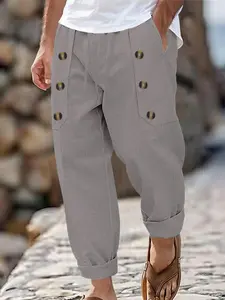 Men's Linen Button-Front Long Loose Pants, Drawstring Waist, Cuffed Ankles, Breathable, Versatile, Vintage Casual Trousers