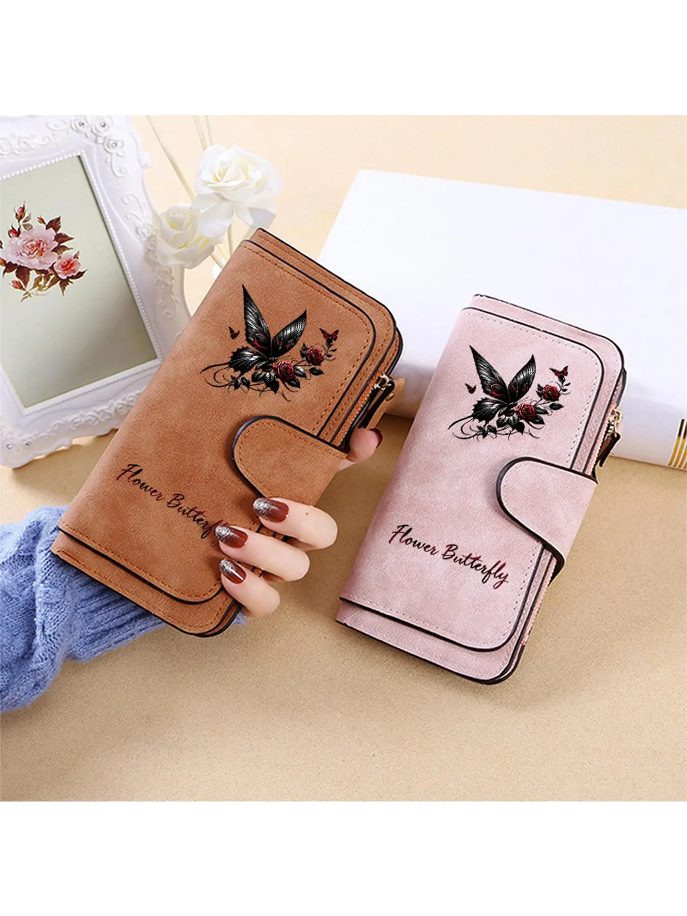 1 Gothic style women's long wallet, women's hand-held bag (available in multiple colors), decorated with Gothic style butterfly and rose patterns, multi slot women's wallet, suitable for various scenarios, birthday/Halloween/Christmas gifts