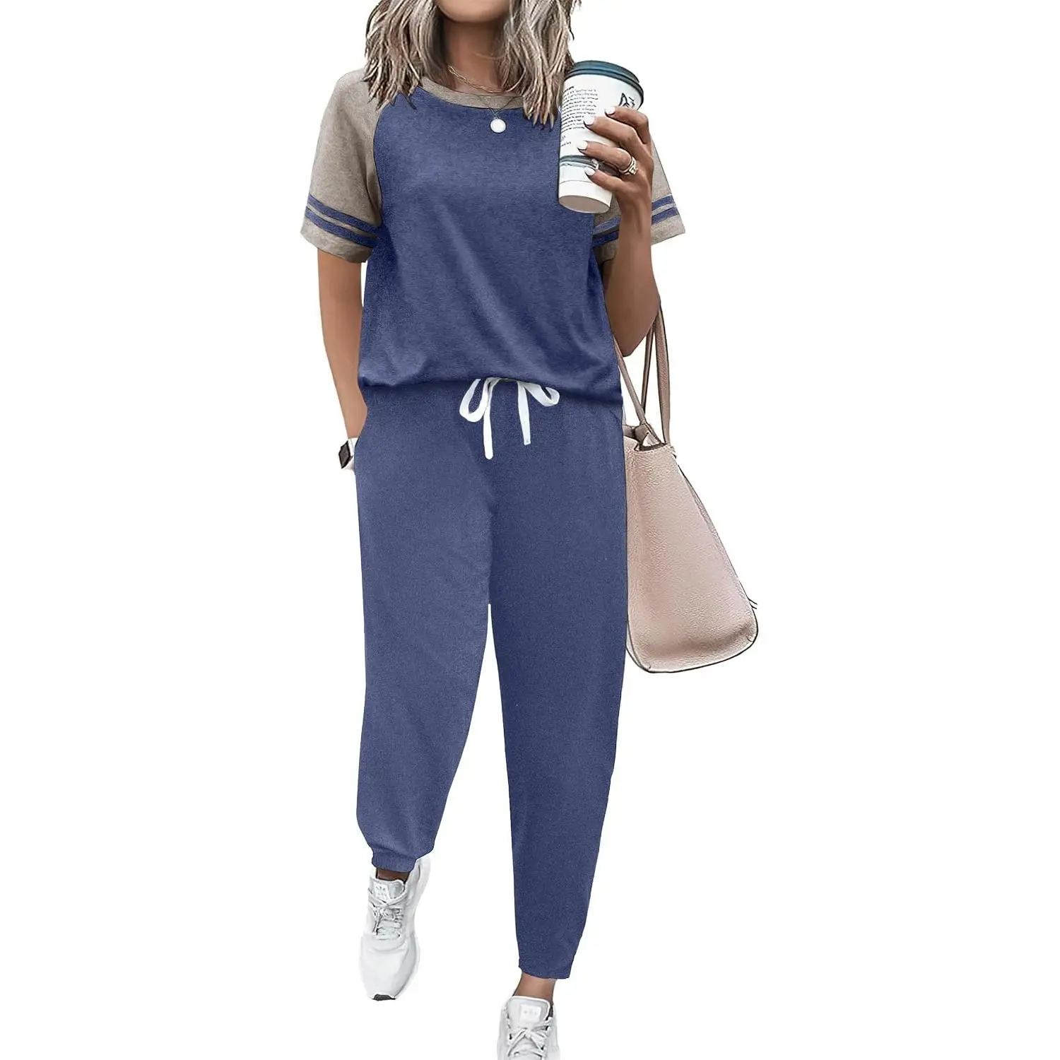 Women's Two Piece Lounge Set Short Sleeve Crewneck Top & Jogger Sweatpants Pajama Tracksuit(Gift)