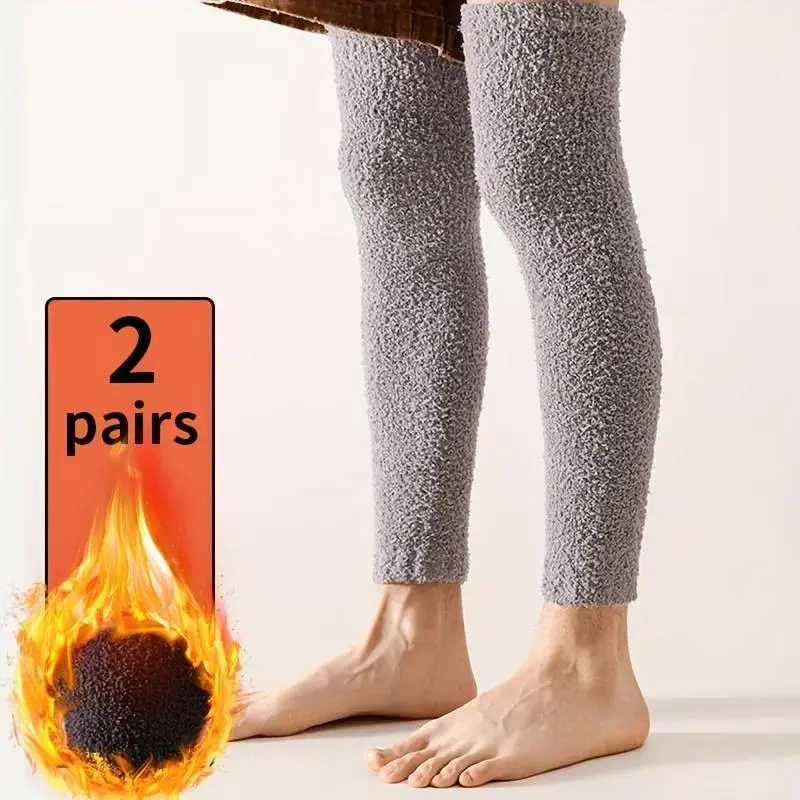 2 Pairs Thick Plush Knee-High Socks, Unisex One Size Thermal Legwear with Knee & Leg Support, Cozy Warm Socks for Cold Winter Weather, Soft Hand Washable Daily Wear, Fabric, Fluffy