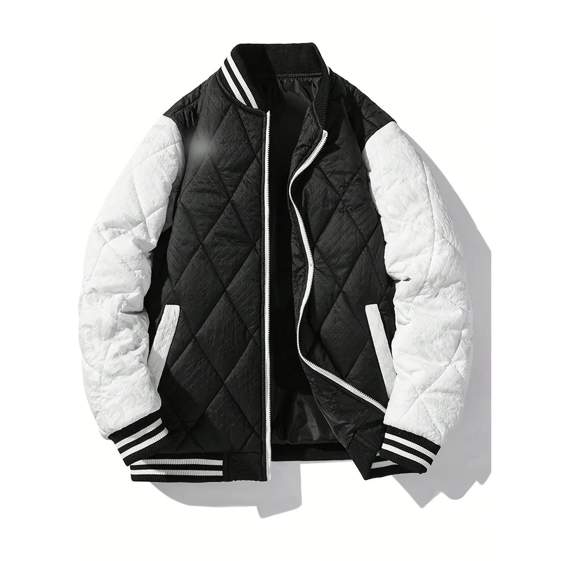 Men's Preppy Padded Jacket, Solid Polyester Winter Coat with Stand Collar and Zipper, Warm Casual Long Sleeve Outerwear for Teens