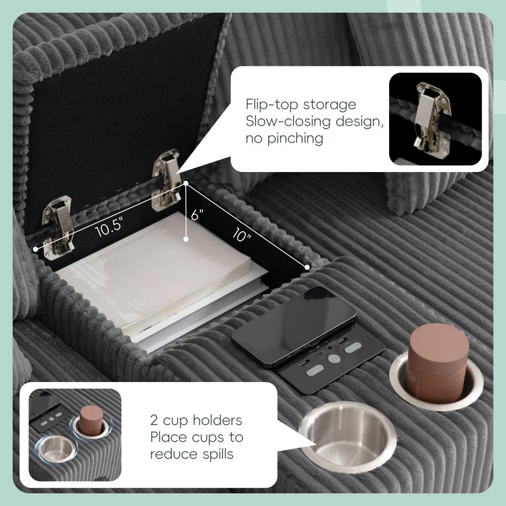 112'' Corduroy Sectional Sofa with Bluetooth Speakers, L-Shaped Couch with Console, USB Charger, Cup Holders, Storage, Ottoman, Deep and Wide Seat Cloud Sofa for Living Room & Apartment