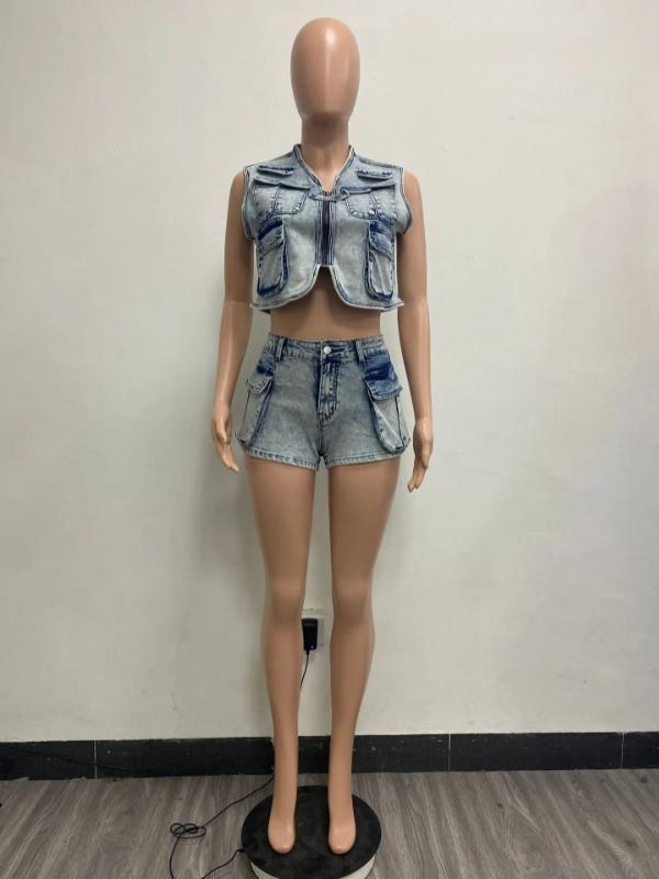 two-piece set woman Multi Pockets Denim Shorts Outfit Sexy Women Elegant Two Pieces Jeans Club Macthing Jacket+Shorts