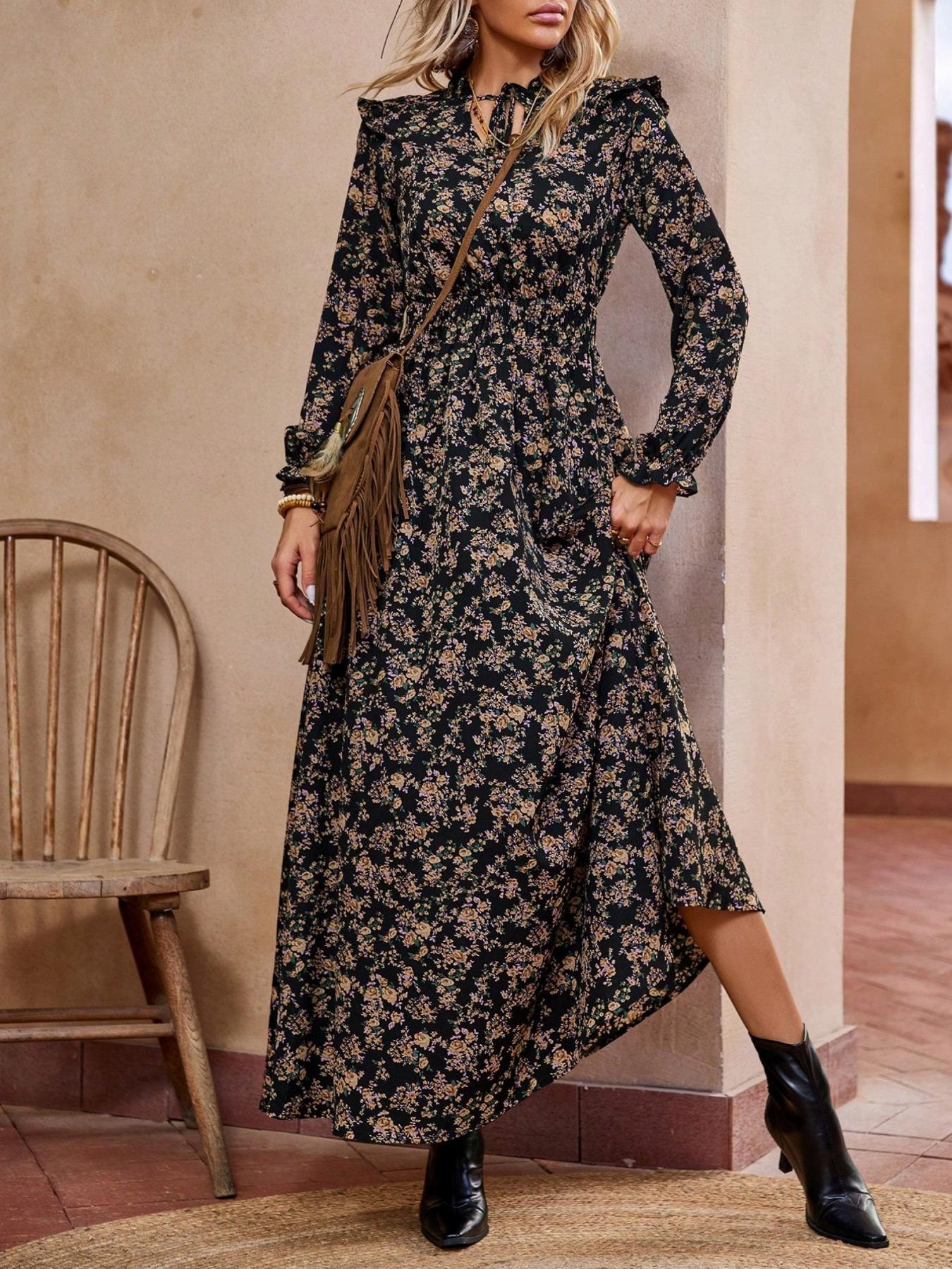Women's Floral Print Self-Belted Neck Dress, Spring & Fall Long Sleeve A-Line Maxi Skirt, Boho Elegance Style, Slimming Set