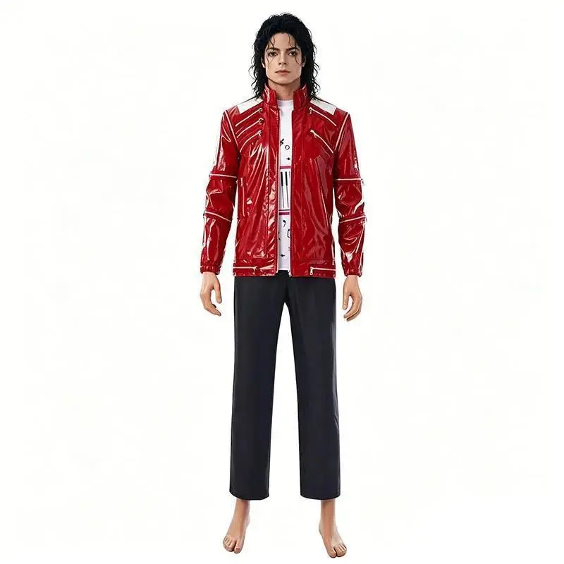 Michael Jackson Red PU Leather Punk Casual Coat Halloween Stage Christmas Outwear European and American Tribute To Classic jacke