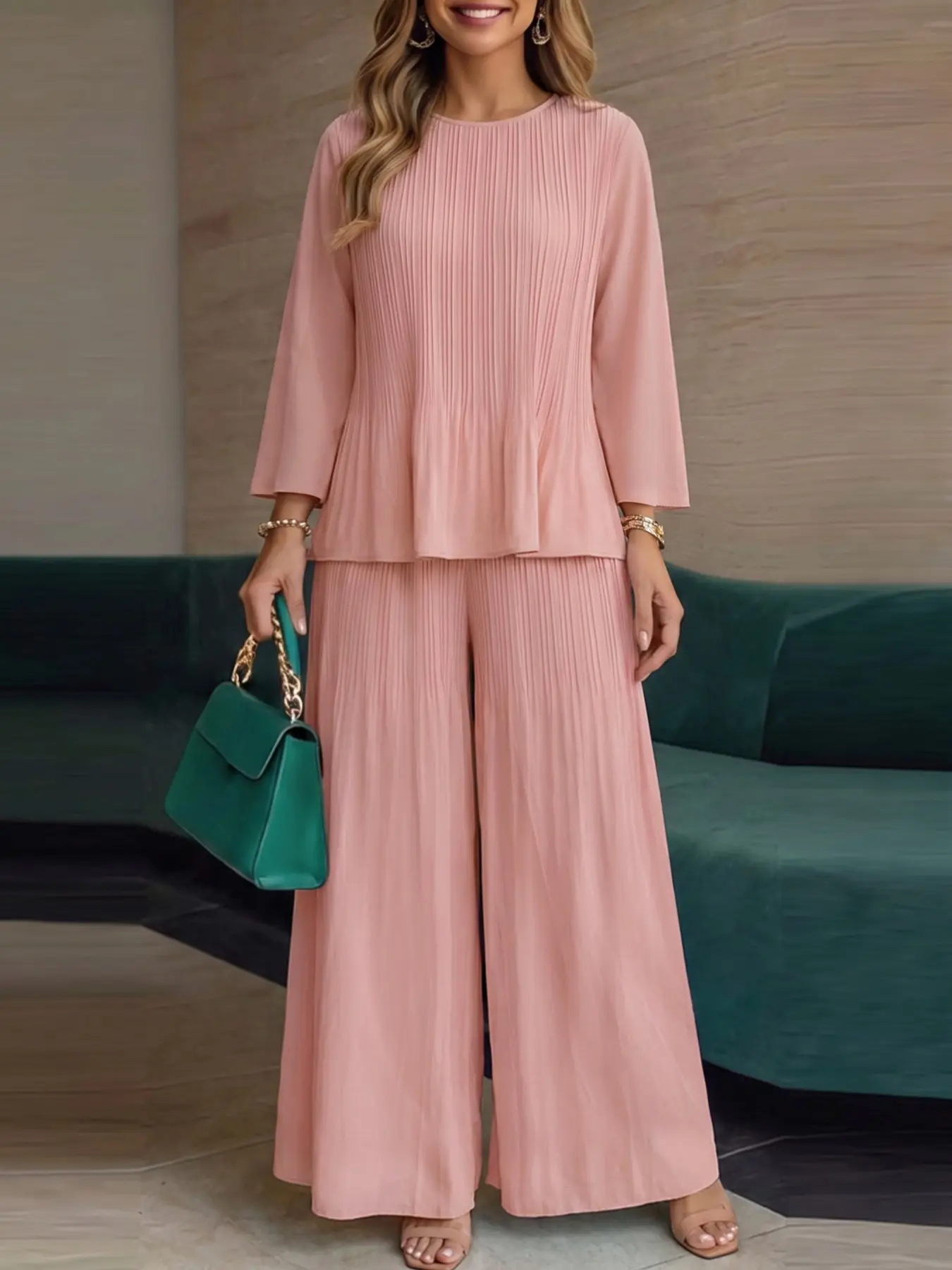 ZANZEA Women's Fashion Round Neck 3/4 Sleeve Blouse and Straight Leg Casual Pants Set, Loose-Fitting Solid Color Two-Piece, Medium Length